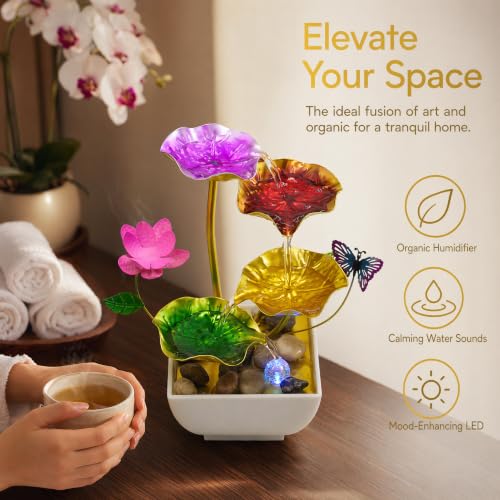 Tabletop Fountain Metal Lotus Indoor Fountain Water Feature for Zen Home Office Fengshui Decor Color