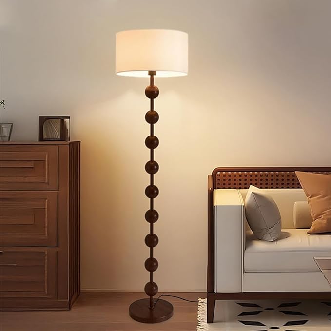 Wabi-sabi 63" Round Fabric Floor Lamp Walnut Iron Floor Light Cloth Standing Lamp with E26 Dimmable Spherical Body Tall Light for Living Room Bedroom Study Office