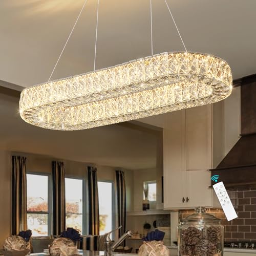 Modern Crystal LED Chandelier Dimmable Oval Chandeliers Rectangular Dining Room Light Fixture with Remote for Living Room Kitchen Island Silver