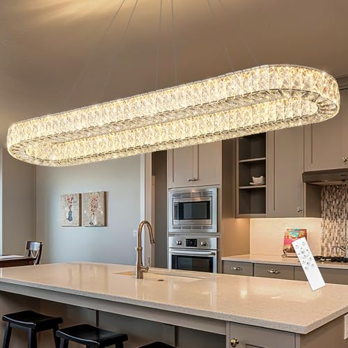 Modern Oval Crystal Chandelier for Dining Room Rectangular Ceiling Light Fixture Dimmable LED Chandeleirs for Living Room Kitchen Island Black