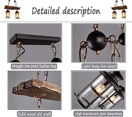 Wood Retro Pendant Lighting Industrial Vintage Chandelier Black Metal Bedroom Restaurant Suspension Lamp Cage Frame with Glass Shade House Loft Bar Coffee Decoration Ceiling Lights Fitting (2 Count)