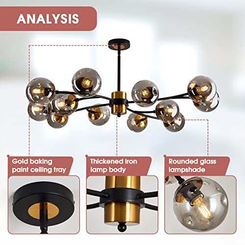 12 Light Large Sputnik Chandelier with Glass Globe Mid Century Modern Matte Black and Gold Ceiling Light Fixture Vintage Pendant Lighting for Dining Room Bedroom Kitchen Living Room Foyer