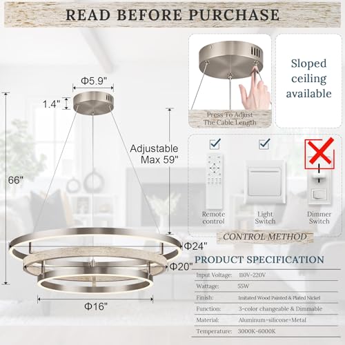 3 Ring LED Chandelier Modern Chandelier Weathered Wood Nickel Dimmable 24''