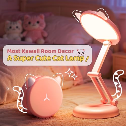 Cute Desk Lamp Pink Dorm Lamps for College Girls Foldable Portable Rechargeable Dimmable Cute Cat Lamp Kawaii Room Decor
