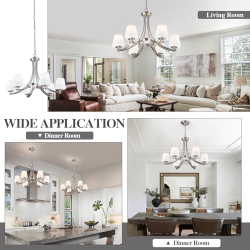 6 Light Brushed Nickel Chandeliers for Dining Room with Frosted Glass 47.2" Adjustable Silver Pendant Ceiling Lighting Rustic Vintage Hanging Lamp for Farmhouse Kitchen Island Dining Table Living Room