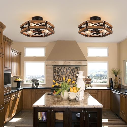 2 Pack 3 Light Rustic Farmhouse Wood Flush Mount Ceiling Light Fixture Oak Wood and Metal Cage Semi Flush Mount Ceiling Light for Hallway Hall Entry Bedroom Kitchen Farmhouse (2 Count)