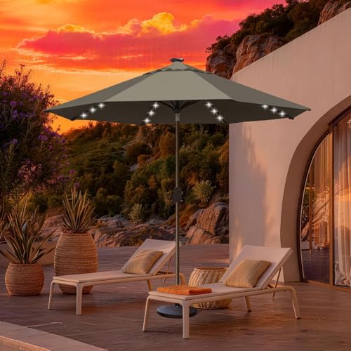 USA 10-Year-Non-Fading 10ft Market Patio Umbrella, Commercial Grade Table Sun Umbrella with 80 Solar LED Lights, Crank Open, Windproof & UPF 50+ UV Protection for Garden, Deck, Pool, Backyard, Taupe