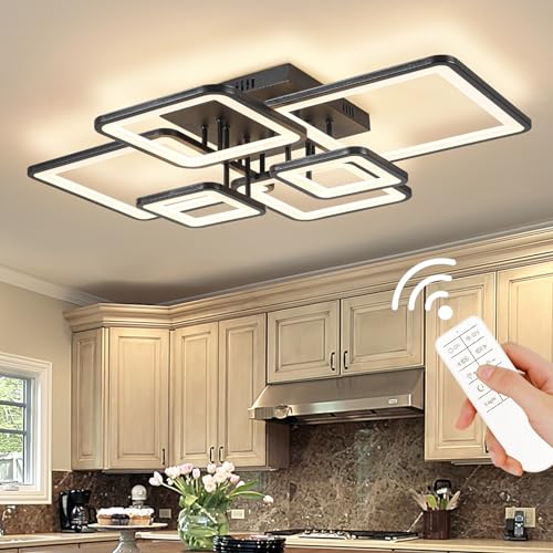 Modern LED Ceiling Light Fixture Black Kitchen Lighting Fixtures Ceiling for Bedroom 31.5" Dimmable 6 Ring Square Ceiling Light for Kitchen with Remote Control for Living Room
