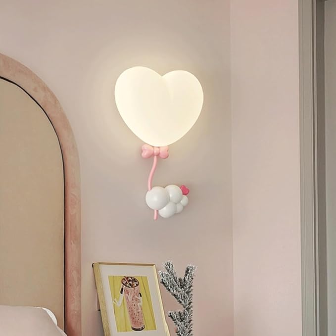 Cute Heart Shaped Wall Sconce, Whimsical Pink Balloon & Cloud Design LED Light, 3 Color Adjustable Bedside Lamp for Kids Room, Nursery, Girls Bedroom Decor, Romantic Accent Lighting