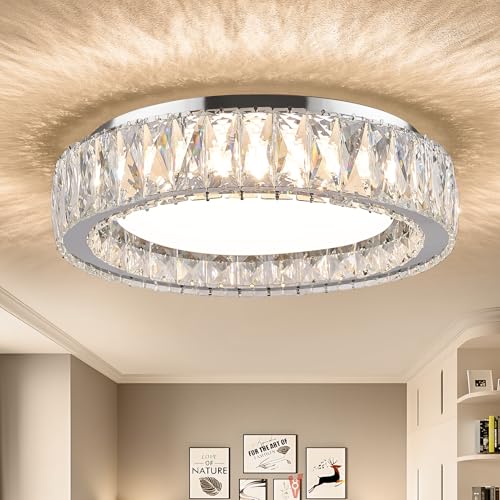 15 Inch Modern Chrome Crystal Flush Mount Chandelier