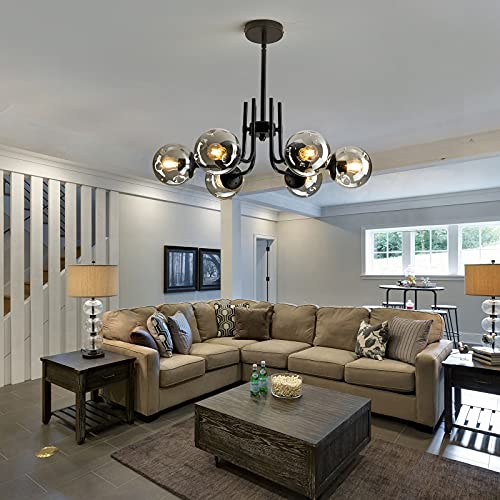 6 Lights Glass Globe Sputnik Chandeliers Modern Metal Ceiling Light Fixture Black Semi Flush Mount Chandelier for Living Room Dining Room Bedroom Farmhouse Kitchen