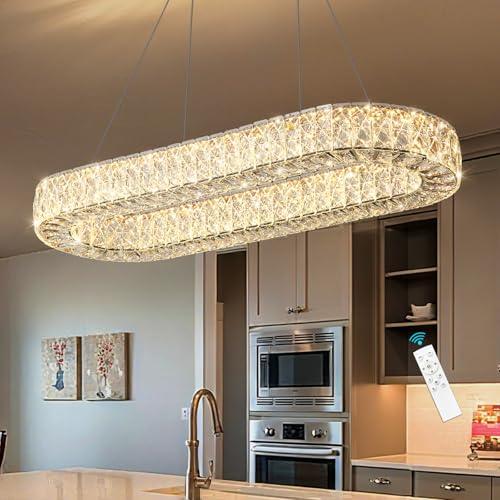 Modern Crystal LED Chandelier Dimmable Oval Chandeliers Rectangular Dining Room Light Fixture with Remote for Living Room Kitchen Island Silver