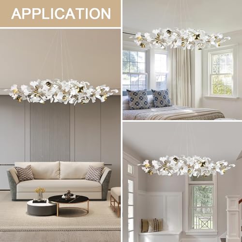 59 Inch White Rectangle Chandelier Gold Ceramic Ginkgo Leaf Chandeliers Brass Large Chandelier Modern Hanging Lights Fixture for Living Room Dining Room Kitchen Island