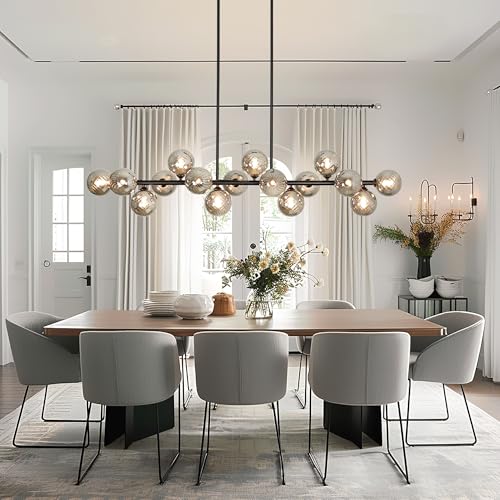 55" Linear Chandeliers for Dining Room Light Fixture 16 Lights Large Sputnik Chandelier Modern Chandelier Smoke Grey Swirled Globe Farmhouse Chandelier Island Lights for Kitchen
