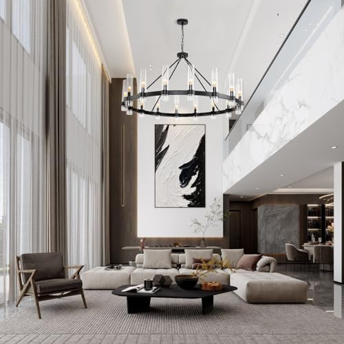 48 Inch Black Wagon Wheel Chandelier with Glass Shade