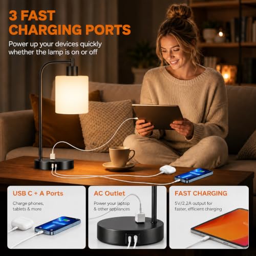 Set of 2 Industrial Touch Control Table Lamps with 2 USB Ports and AC Outlet