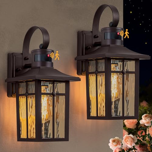 Aluminum Motion Sensor Outdoor Wall Sconces with Ripple Glass (2 Count)