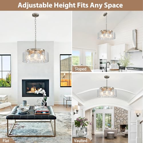 4 Light Glass Brushed Nickel Chandeliers for Dining Room 17.3" Round Modern Farmhouse Chandelier Drum Hanging Pendant Ceiling Light Fixture for Hallway Entryway Kitchen Island Foyer Bedroom