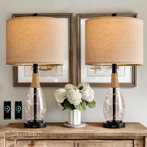 23" Table Lamps for Living Room Set of 2 Bedside Lamps for Night Stands Bedroom Lamps Farmhouse Rattan Boho Lamp Glass Nightlight End Table Lamp with USB C+A (2 Count)
