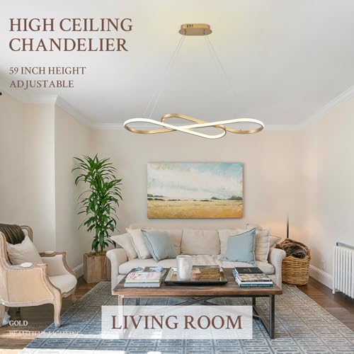 Modern LED Chandelier Gold Dimmable LED Pendant Light for Dining Room Light Fixture Over Table Modern Kitchen Island Lighting High Ceiling with Remote for Living Room