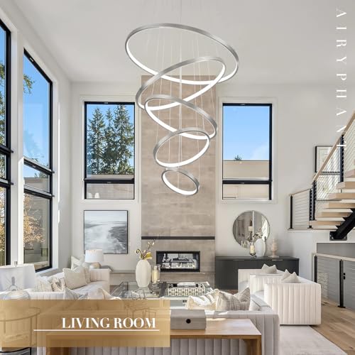 5 Rings Brushed Nickel Ring Chandeliers Moedrn LED Chandeliers Dimmable Foyer Chandelier for High Ceiling Dimmable Contemporary Nickel Chandelier for Living Room Staircase Entryway