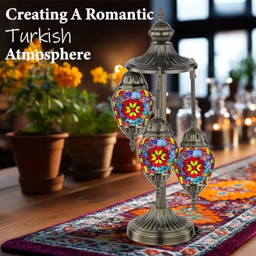 23" Turkish Mosaic Lamp Handmade 3 Globes Moroccan Table Lamp