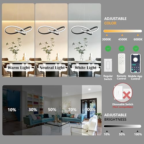 30" Black Modern LED Chandelier Large Irregular Ring Pendant Lighting Adjustable Hanging Light Fixture Modern Dimmable Remote Control Pendant Lights for Living Room Dining Room Entryway