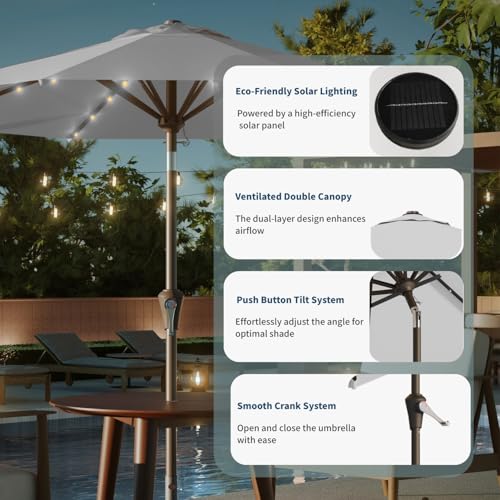 10FT Solar Umbrella 32 LED Lighted Patio Umbrella Table Market Umbrella w