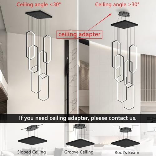 6 Rings Modern Chandelier LED Dimmable Pendant Lighting Adjust Flush Mount Ceiling Light for Foyer Lobby Living Room Staircaes Black