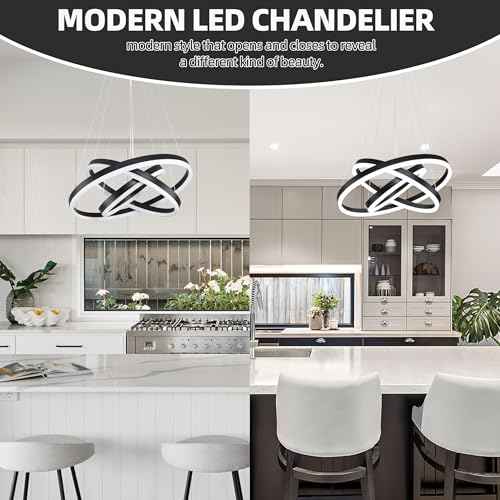 Modern Led Chandelier 3 Rings Black Pendant Lights Dimmable Chandeliers Color Temperature Height Adjustable Black Chandelier Led Pendant Light for Living Room Dining Room Bedroom Entryway