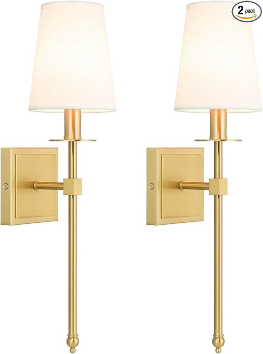 XiNBEi Lighting Brass Wall Sconces Set of 2 Modern Gold Sconce Light Fixture with Fabric Shade Wall Lamp for Bathroom Bedroom Corridor & Living Room XB-W1307-WBS