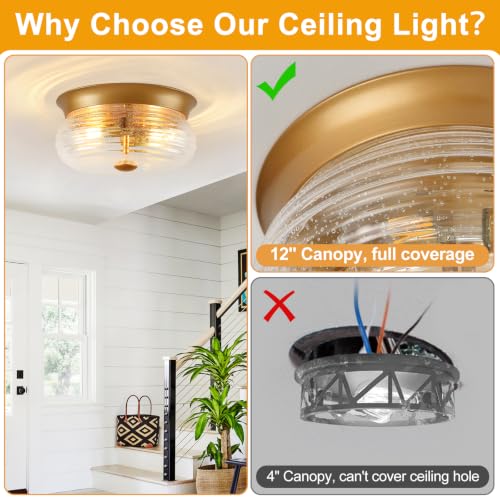 Gold Flush Mount Ceiling Light Fixtures (Gold + Clear Air Bubble Glass(No Assembly Required))