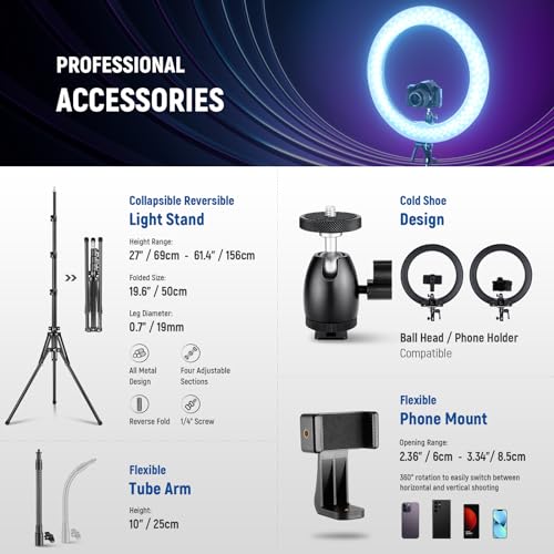 18 Inch RGB LED Ring Light APP Control with Tripod Stand and Phone HolderCompatible with iPhone for Selfie Makeup Lash Studio Streaming Video Recording Lighting