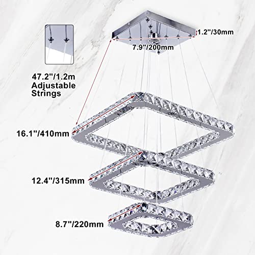 Modern Crystal Chandelier LED Ceiling Light, Square 3-Ring Height Adjustable 47W K9 Crystal Pendant for Dining Room, Living Room, Bedroom, Foyer, Cool White 6000K