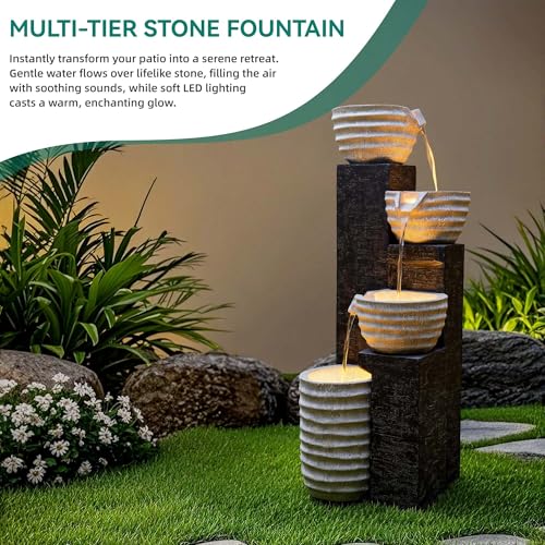 40" H Outdoor Water Fountain with LED Lights & Pump