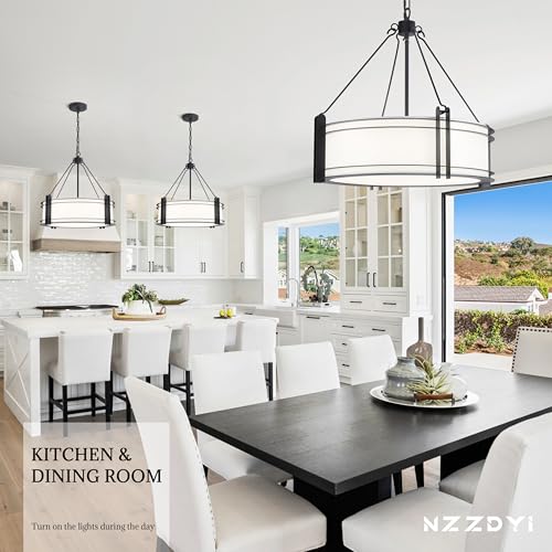 20.4'' Black Drum Chandelier with White Linen Fabric Shade (5 Count)