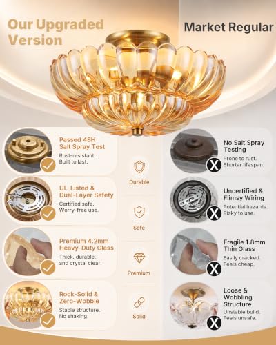 Semi Flush Mount Ceiling Light Fixture 14" Vinatge Gold Ceiling Lights Amber Mid Century Modern Glass Close to Ceiling Lighting Fixtures for Bedroom Hallway Kitchen Laundry Room Bathroom