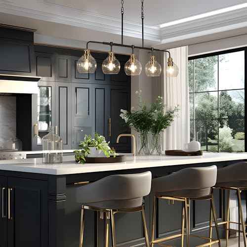 KSANA Chandeliers for Dining Room, 5 Light Linear Chandelier Modern Farmhouse Kitchen Island Light with Seeded Glass Pool Table Light for Kitchen, Dining Room, Living Room