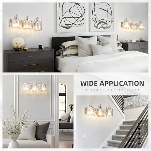 3 Light Modern Bathroom Light Fixture Chrome Bathroom Vanity Lights Over Mirror Wall Sconce Lighting with K9 Crystal Shades E26 Base for Bedroom