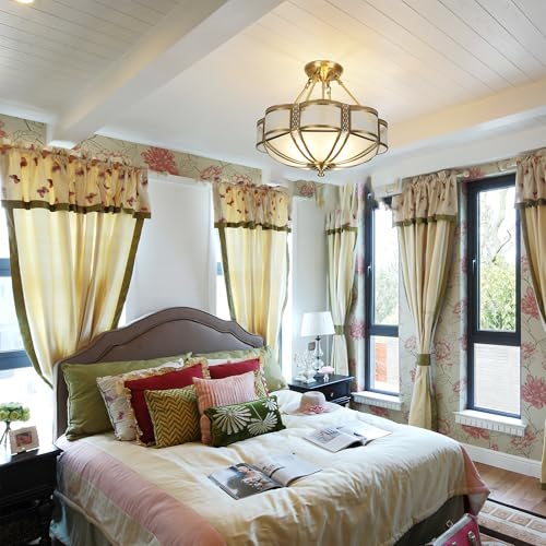 Brass Semi Flush Mount Ceiling Light Fixture with Ceramic Light Socket