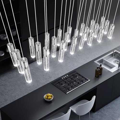 24 Lights Modern Crystal Chandeliers LED Pendant Light for Kitchen Island Dining Room Entrance Foyer Living Room Silver