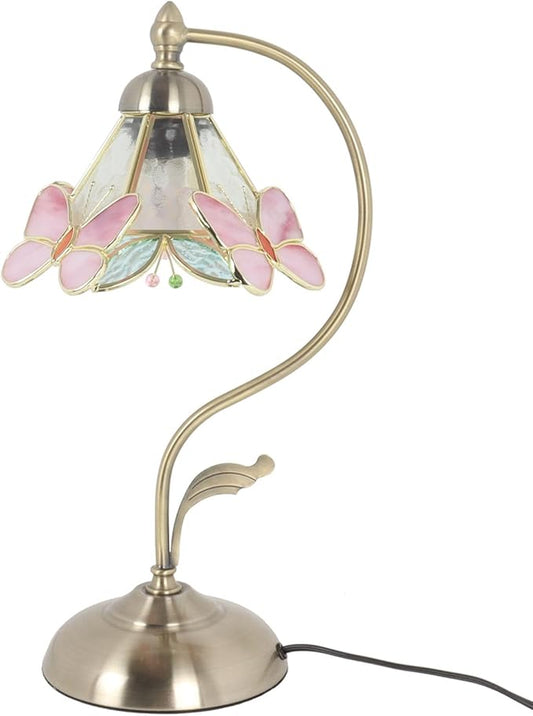 Bieye L11000 Tiffany Style Stained Glass Butterfly and Flower Table Lamp with Brass Base, 8.6" W x 10" D x 17" H - Aura Lighting