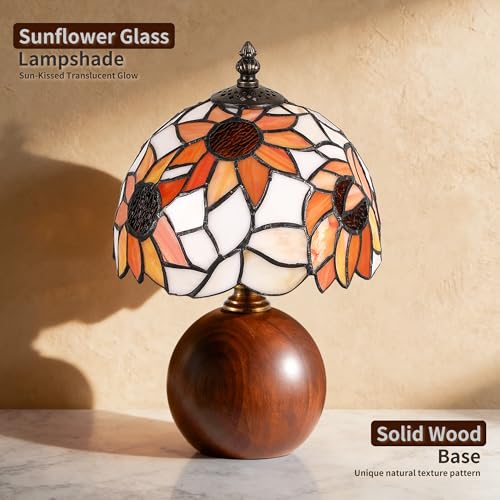 12.2" Retro Sunflower Tiffany Small Table Lamp with Wood Base