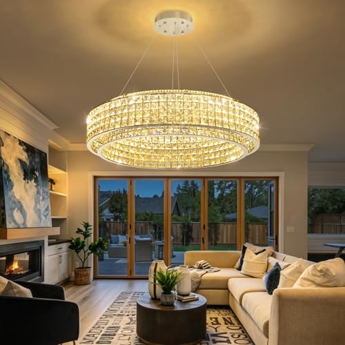 W32 Modern Chandeliers for Living Room LED Dimmable Pendant Lighting High Ceiling Chandelier for Dining Room Foyer Hallway Crystal Rectangle Light Fixtures Silver