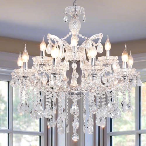 Modern Maria Theresa Chandelier 2 Layers 15 Lights Large Crystal Chandeliers for High Ceiling Dining Room