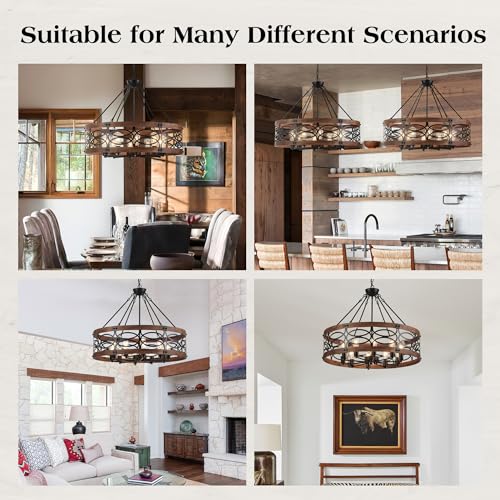 10 Light Farmhouse Drum Wood Pendant Light