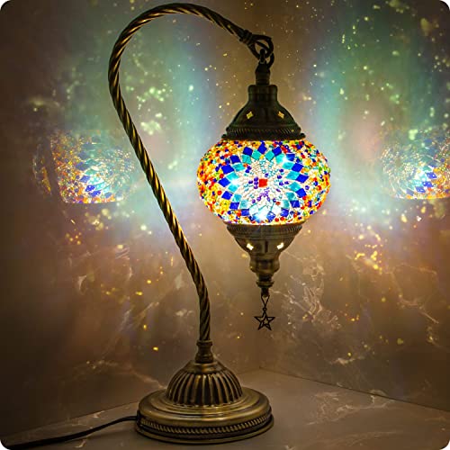 Turkish Moroccan Lamp with Bronze Base 3 Color Options Handmade Swan Neck Mosaic Glass Bedside Lamps for Bedroom