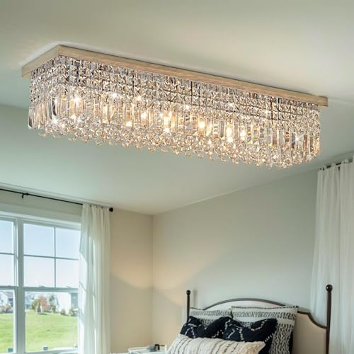 Crystal Chandelier for Dining Room 39.3" Modern Gold K9 Crystal Rectangle Chandeliers Flush Mount Pendant Light Fixture Kitchen Island Bar Dining Room Bedroom Bathroom Hotel