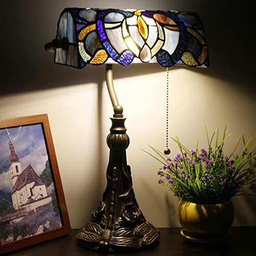 Tiffany Banker Lamp Small Stained Glass Table Lamp Blue Purple Cloudy