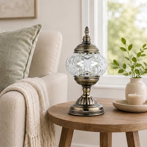Turkish Moroccan Table Lamp Lantern with Handmade Mosaic Glass Lampshade Tiffany Style Bohemian Stained Glass Decorative Desk Lamps Bedside Night Lights for Bedroom